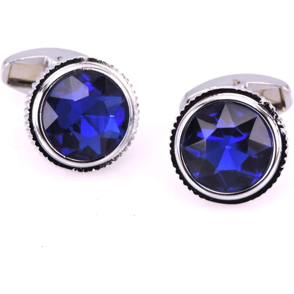 Men's Cufflinks in Silvery Base with Blue Crystal Design for Business Shirts, Formal Wear Accessories for Men
