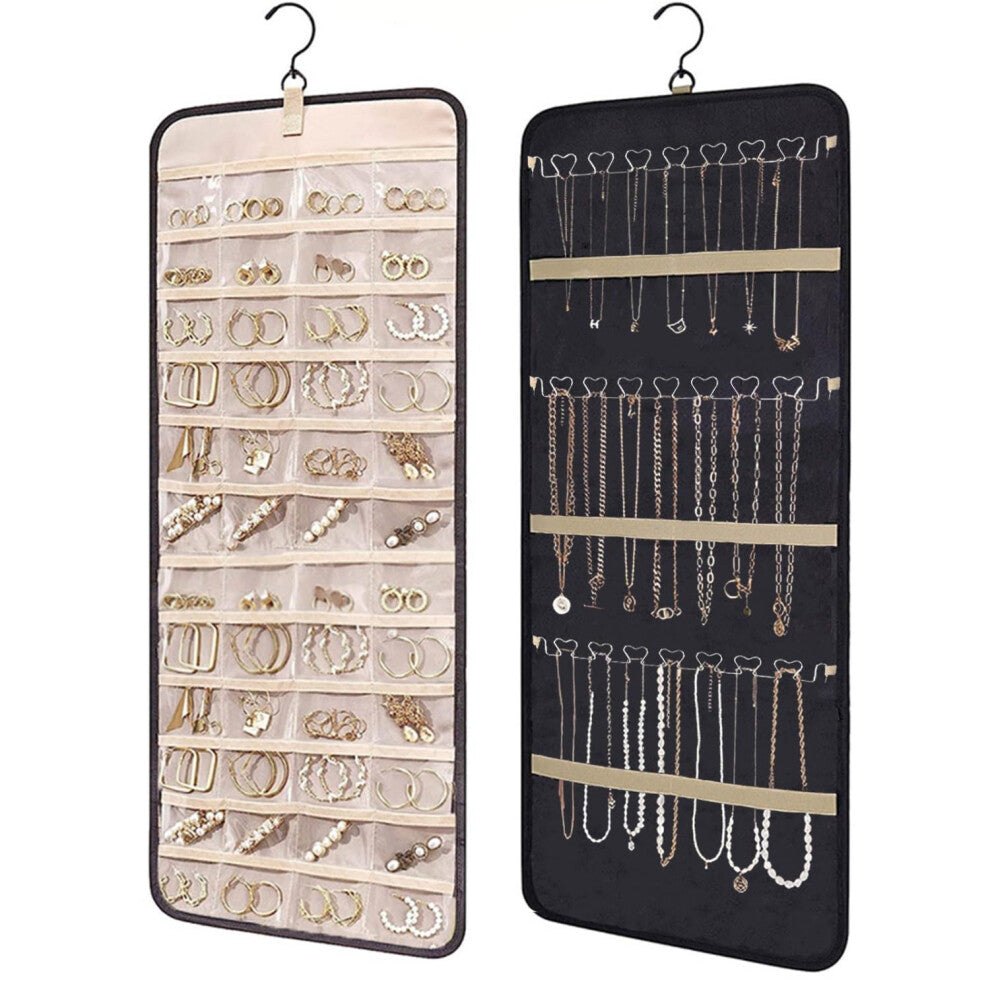 Hanging Jewellery Organiser with Hanger, Black Storage Roll for Earrings and Accessories, Dressing Table and Wardrobe Storage