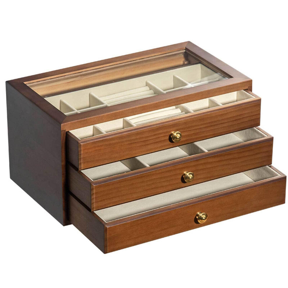 Solid Wood Jewelry Box with Glass Drawer for Rings, Necklaces, Bracelets and Watches in Natural Wood Design