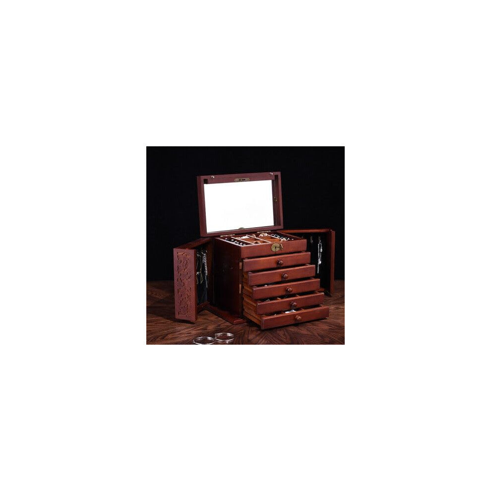 High-Quality Rosewood Jewelry Box, Large Six-Layer Storage, Mirrored Design, Hand-Carved Details for Organization