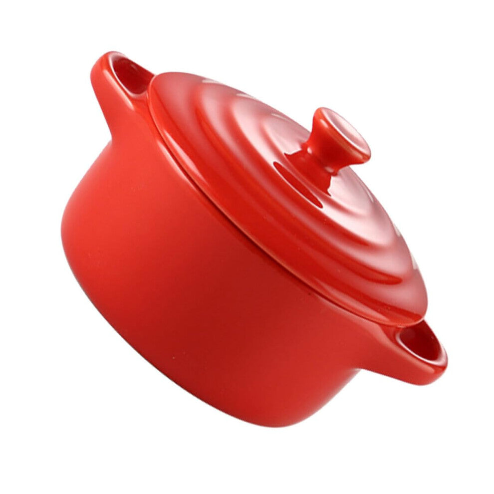 Ceramic Bowl with Lid Microwave Safe Double Handle Red Soup Pot Versatile Kitchenware for Stews and Soups