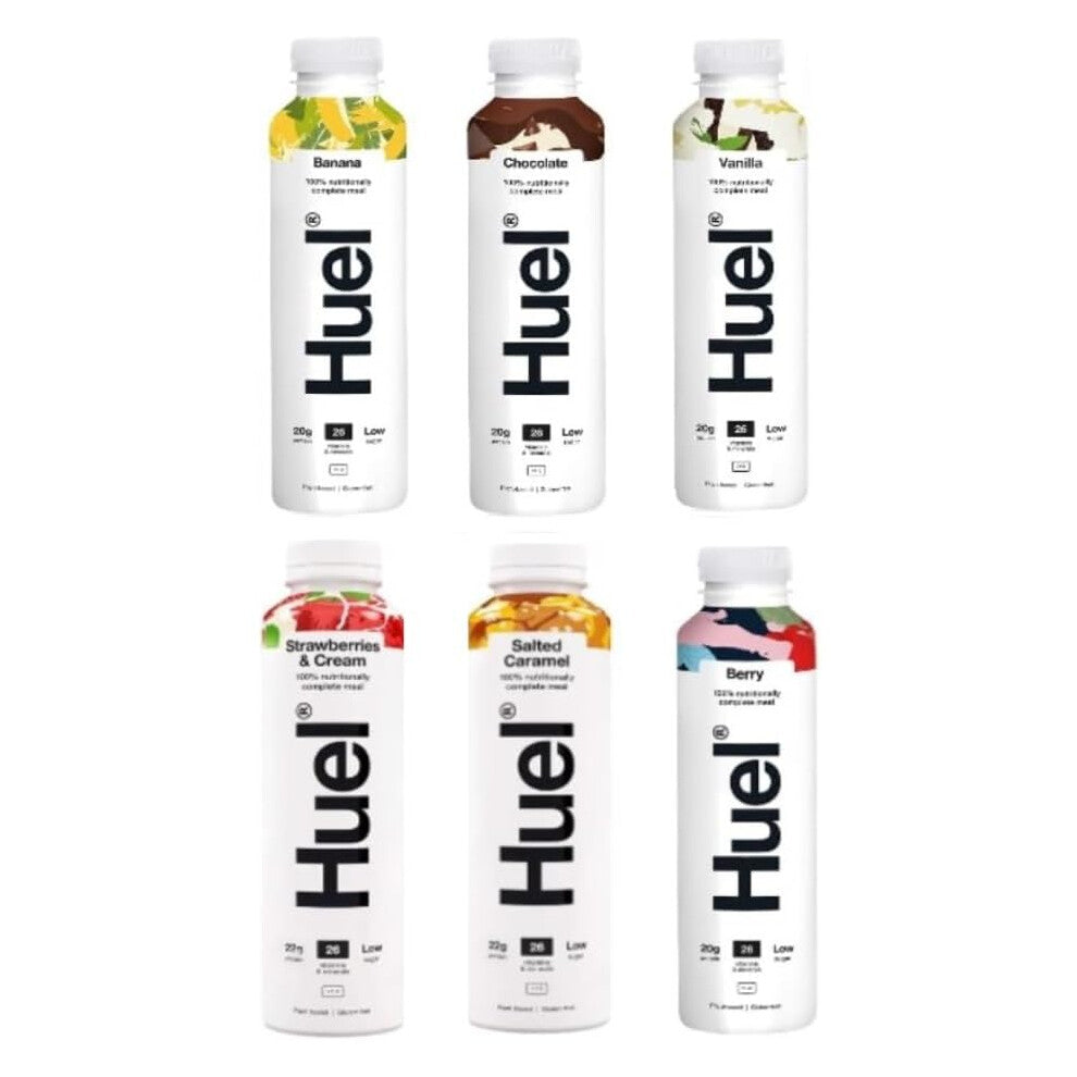 Huel 500ml Variety Pack Ready To Drink Complete Meal Flavours - Chocolate, Vanilla, Banana, Berry, Salted Caramel, Strawberries & Cream (Pack of 6)