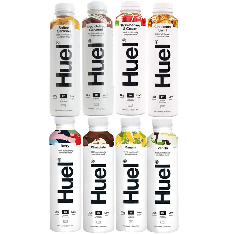 Huel 8X 500ml Variety Pack (1x Salted Caramel,1x Iced Caramel,1 x Strawberries & Cream,1 x Cinnamon, 1 x Berry,1 x Chocolate,1 x Banana 1 x Vanilla)