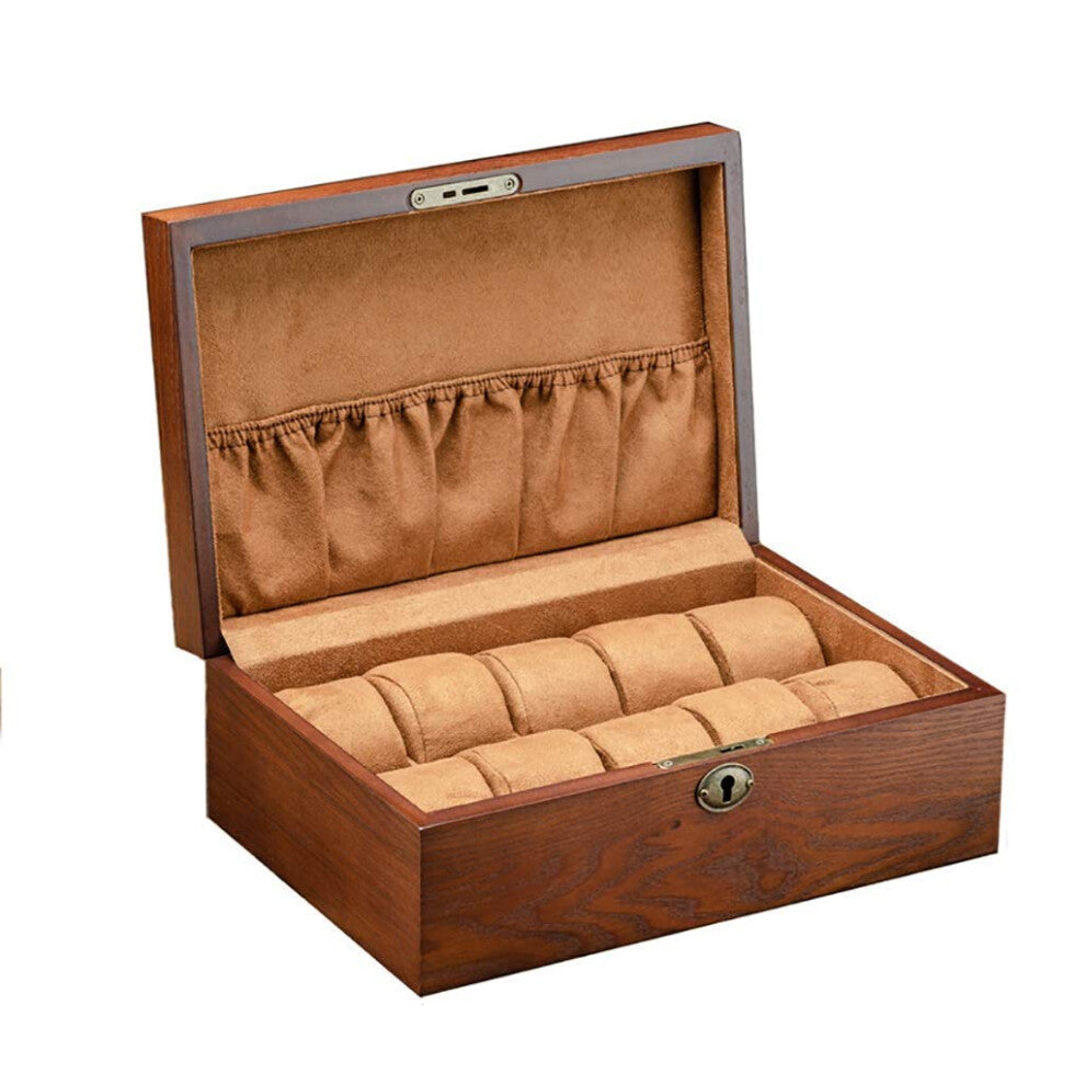 Wooden Watch Stand for 10 Watches with Lock, Secure Storage, Jewelry Organizer, Oak Finish, Perfect for Collectors