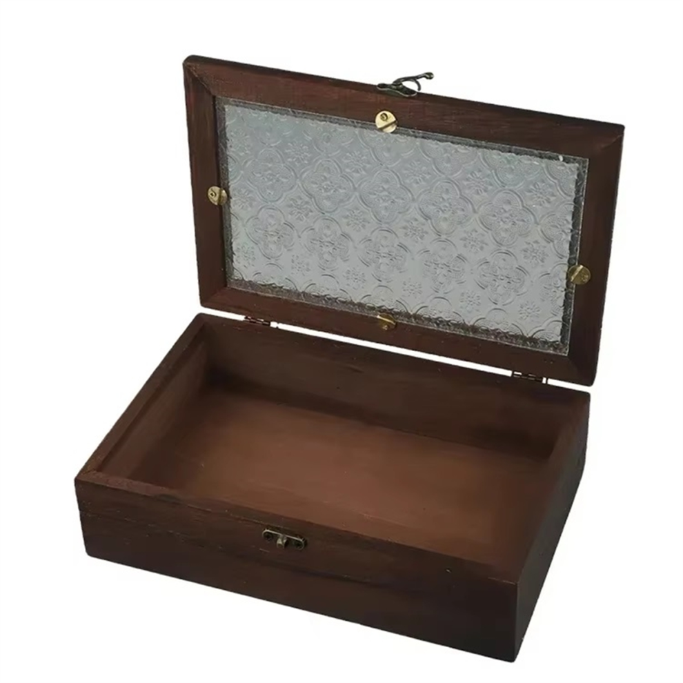 Vintage Glass Storage Box, Solid Wood Cabinet, Desktop Organizer M