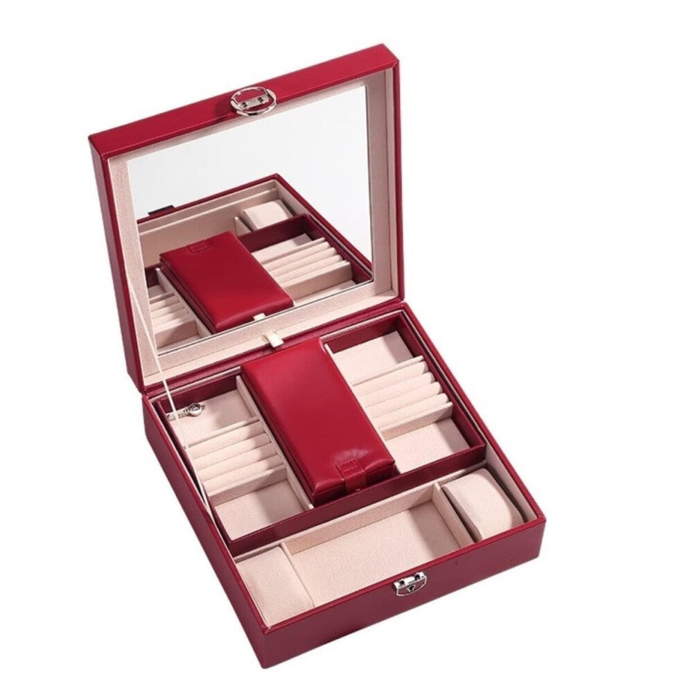 Jewellery Organiser Box with Lock and Mirror, PU Leather Storage for Earrings, Rings, Necklaces, Bracelets, Red 25.3x25.3x8.5 cm