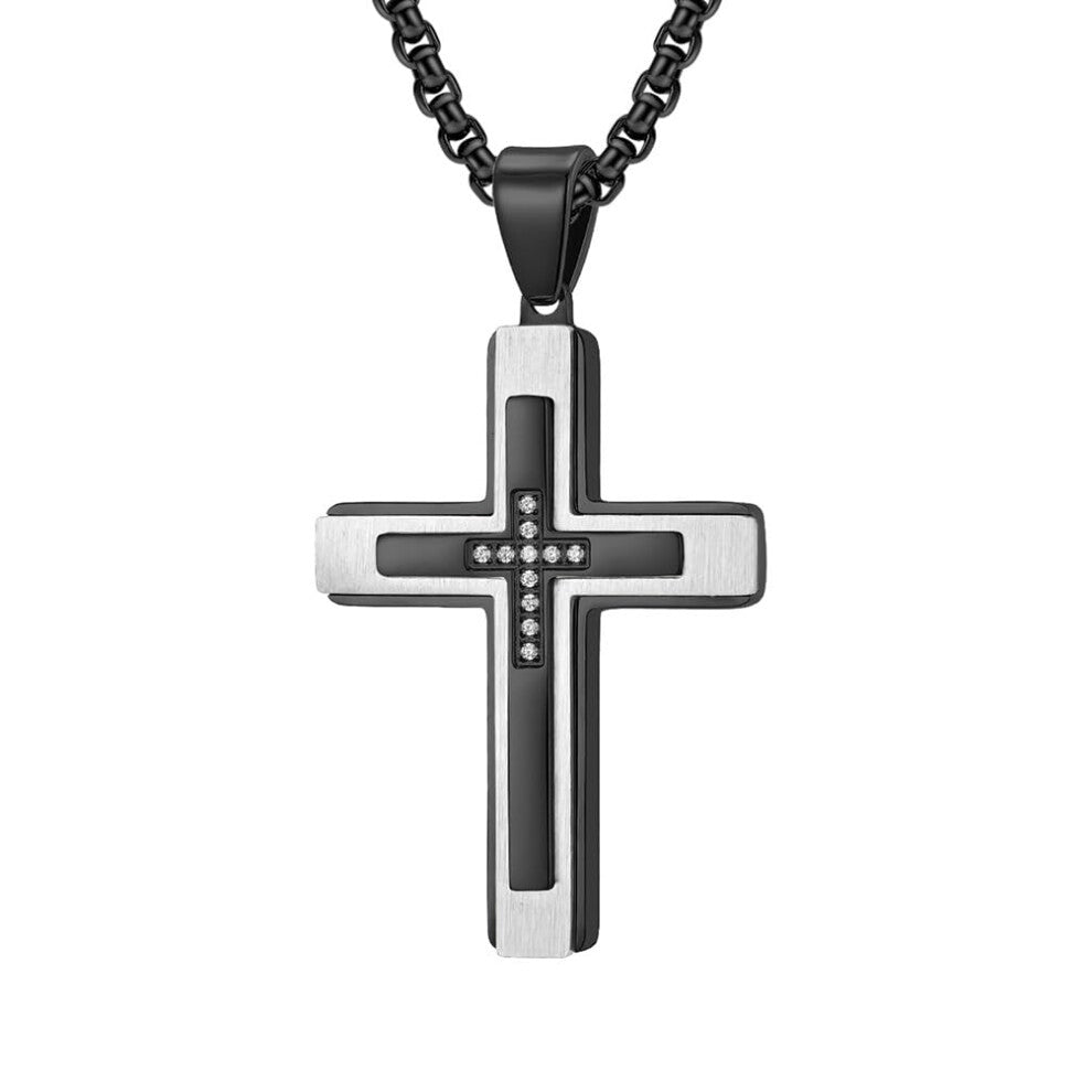 Men's Stainless Steel Cross Pendant Necklace, Vintage Biker Rolo Chain, Gold Zirconia Accents, Retro Style Jewelry