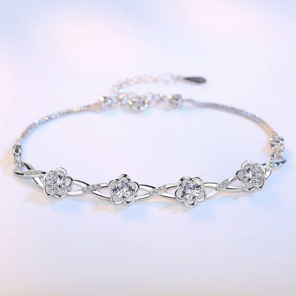 Luxury Women Zicron Rose 925 Silver Heart Bracelet 20cm White Chain for Women Jewellery Gift