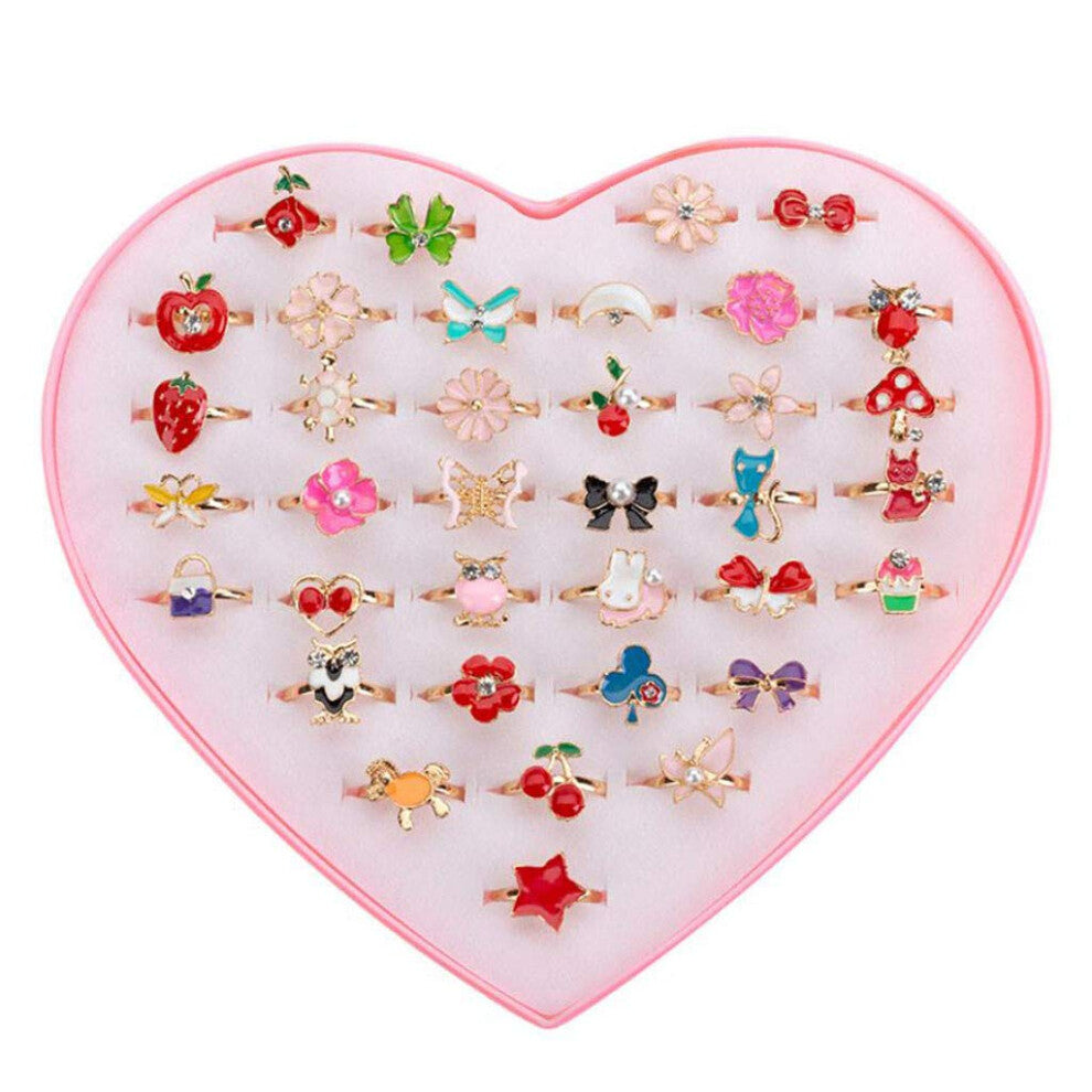 36pcs Adjustable Little Girls Jewel Rings Set in Love Box Multicolored Non-Duplicated Dress Up Jewellery for Kids Parties