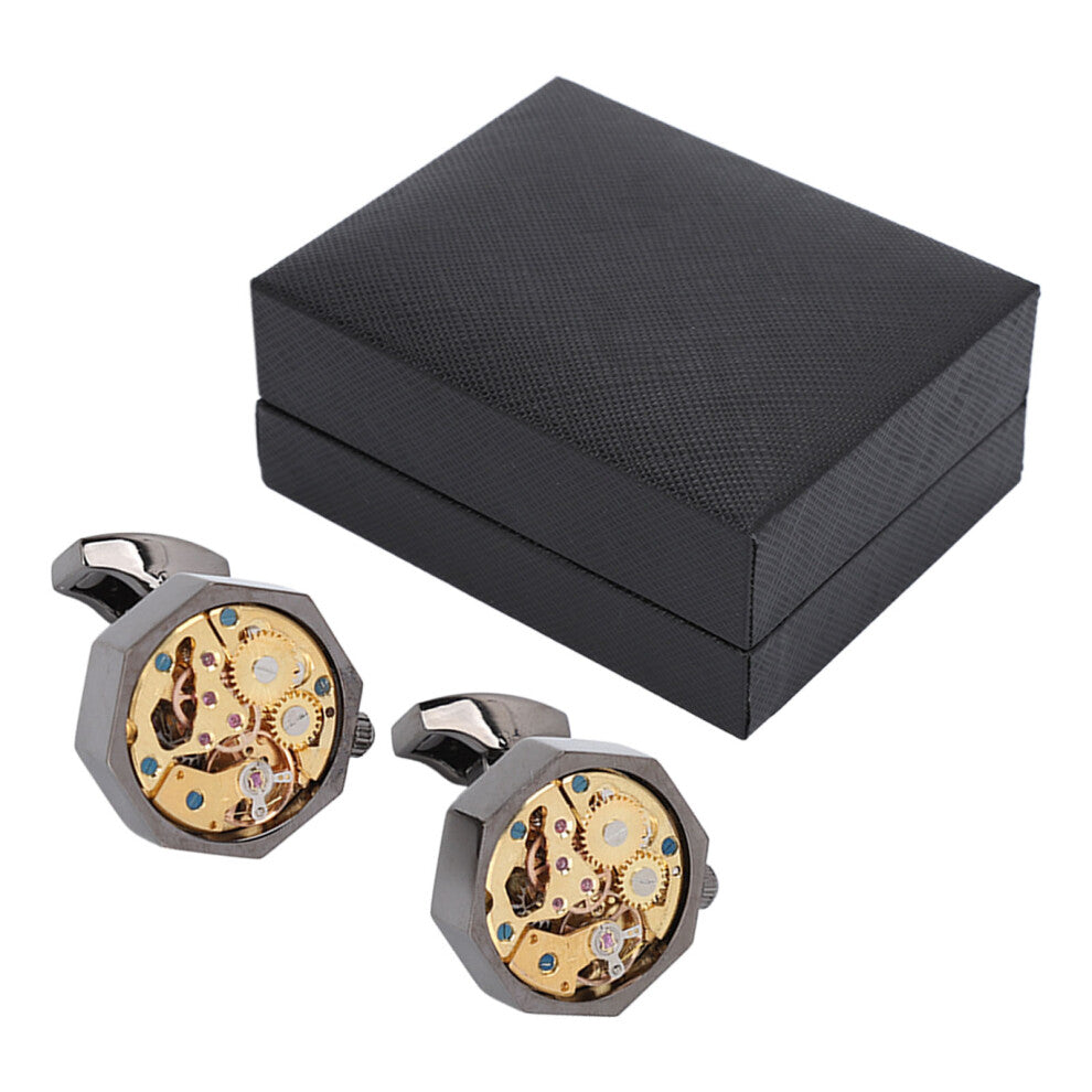 2Pcs Mens Cufflinks Watch Movement Design Silver