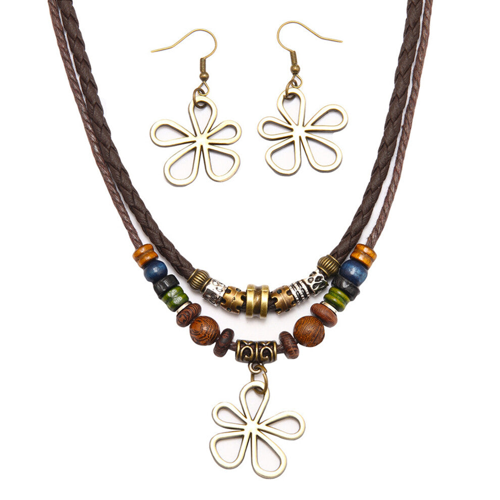 (yellow, NecklaceEarrings) Trendy Boho Wood Bead Necklace With Hollow Flower Charms Boho Hippie