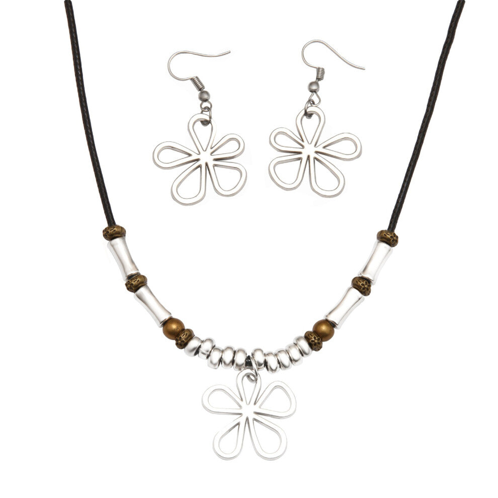 (silver, NecklaceEarrings) Trendy Boho Wood Bead Necklace With Hollow Flower Charms Boho Hippie