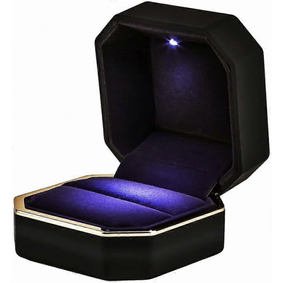 Luxury Ring Box, Square Velvet Wedding Ring Case Jewelry Gift Box with LED Light Compatible with Proposal Engagement Wedding, Black