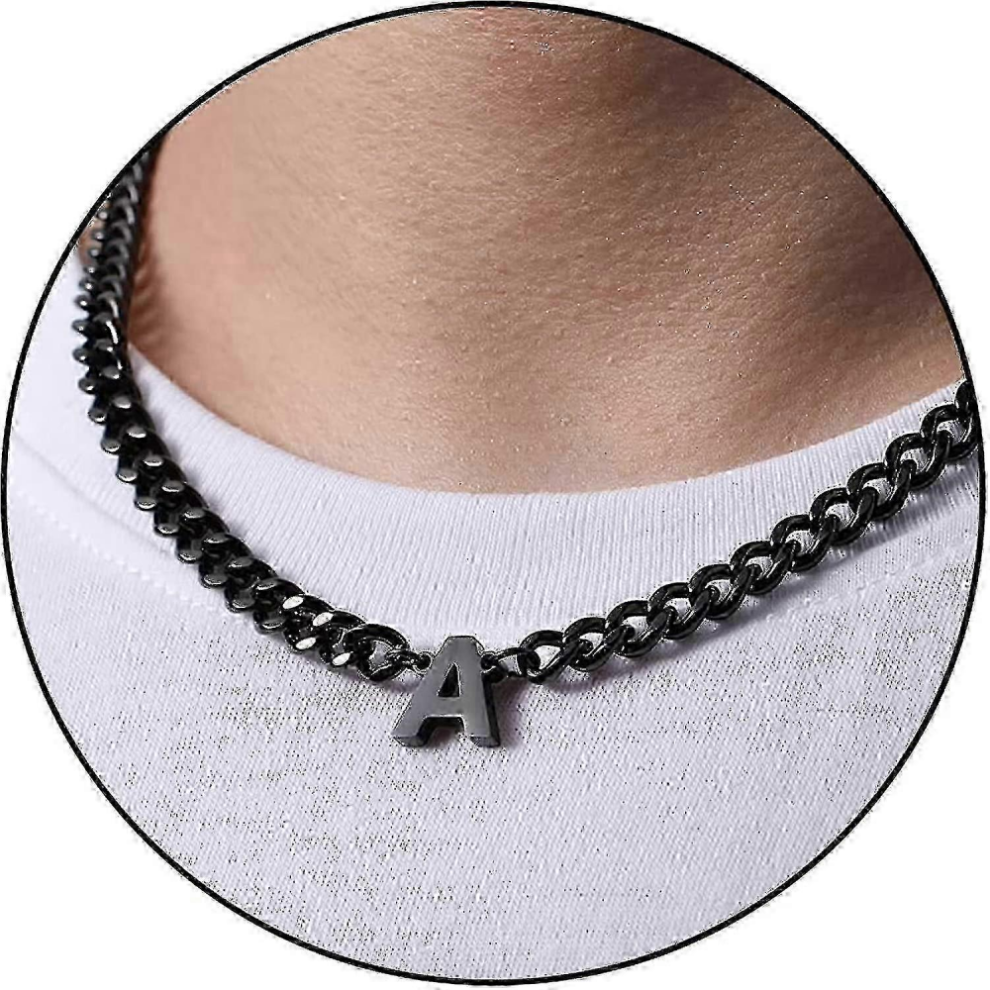 （Black-A)Stainless Steel Cuban Link Necklace compatible with Initial A-Z Boys Men Women with Letter Pendant 6.5mm 18+2 Inches Jewelry Gift
