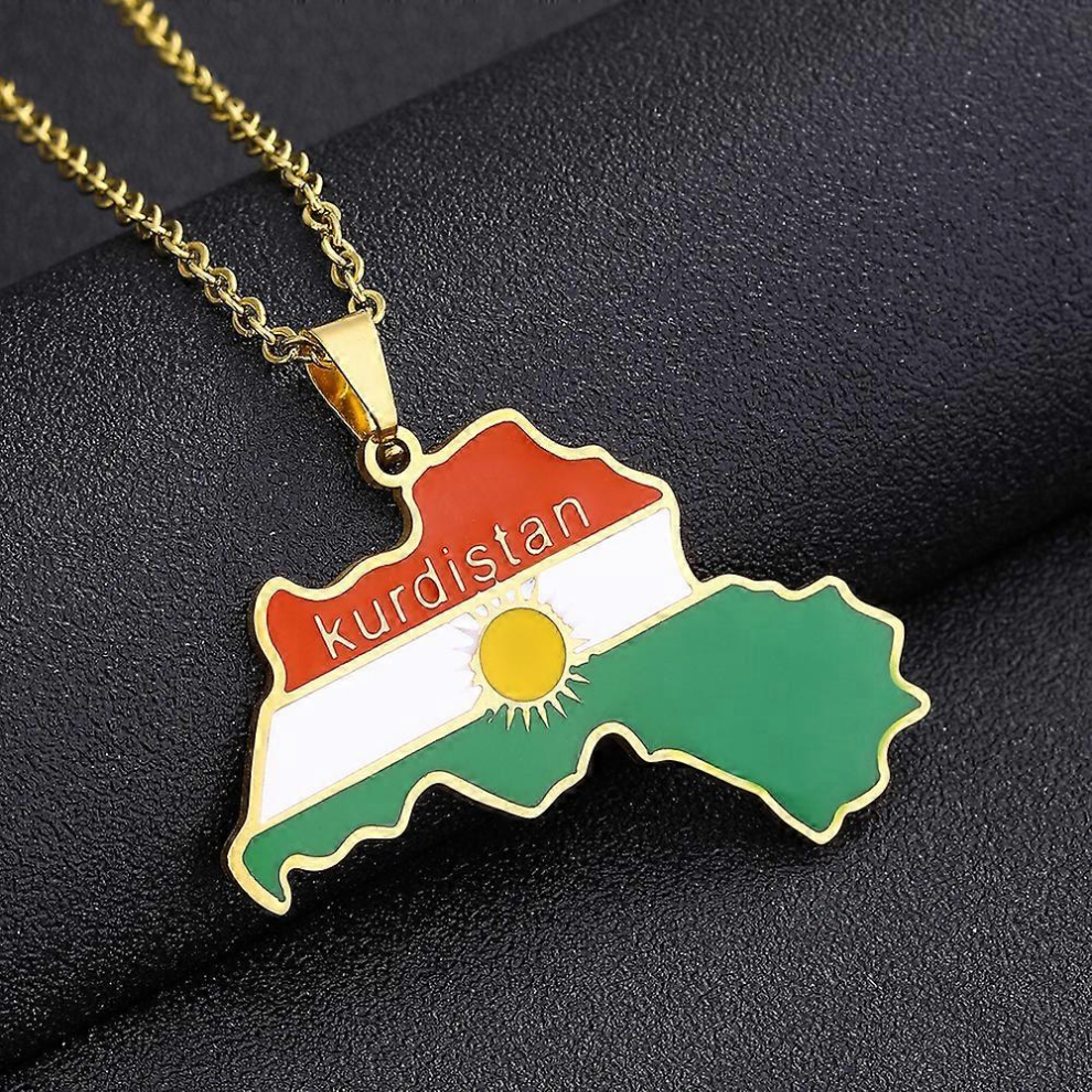 (Gold)Kurdistan Map And Flag Pendant Necklace compatible with Lovers Men Women Ethnic Jewelry Kurdistan Patriotic Gift