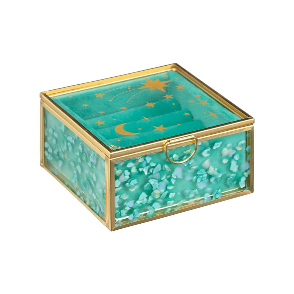 Glass Celestial Jewellery Box keeping rings and earrings safe - Green