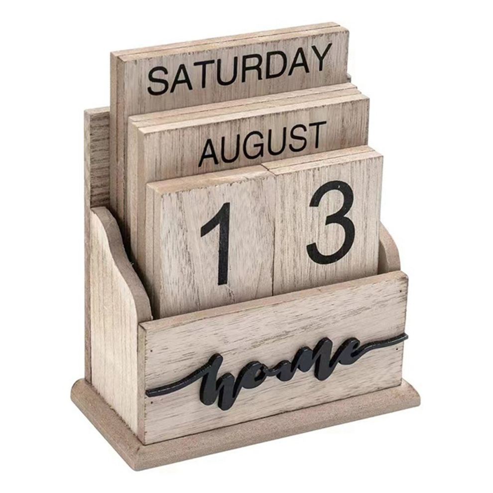 Calendar Wooden Vintage Wood Block for Home Office Desk Accessories Week Month Date Display