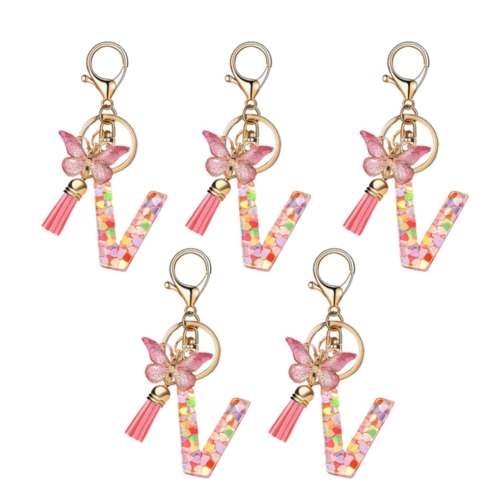 V Style Letter Pendant Pink Cute Initial Keychain Butterfly