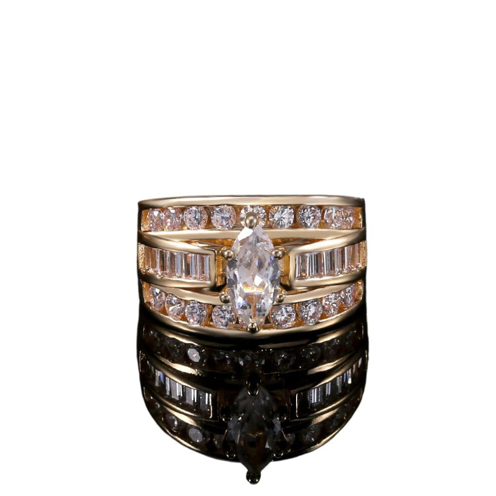 925 Silver Golden Wide Surface Women's Wedding Engagement Ring with Emerald and Cubic Zirconia Timeless Jewelry