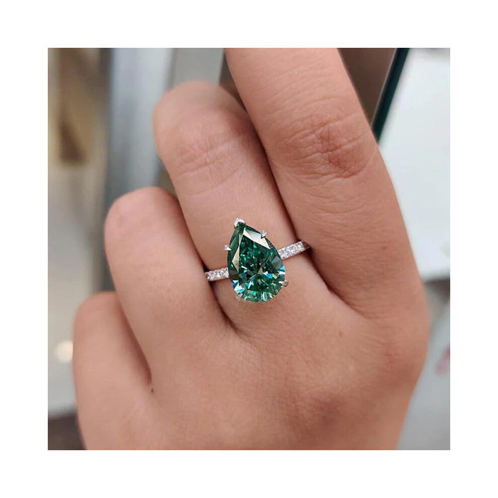 925 Sterling Silver Engagement Ring with Pear Cut Green Cubic Zirconia Gemstone, Statement Eternity Band for Women