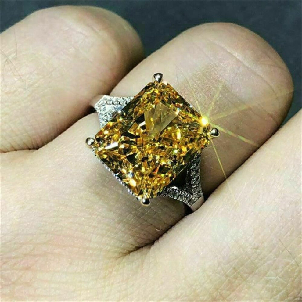 925 Sterling Silver Diamond Ring 18K Gold Citrine 3ct CZ Multi Row Eternity Engagement Wedding Band Size 7 for Women