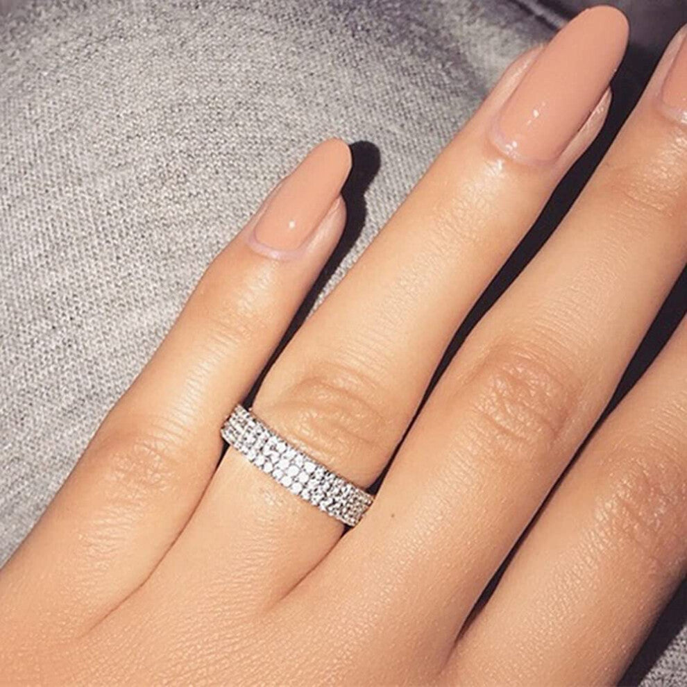 925 Sterling Silver Diamond Ring Size 7 Three Rows Cubic Zirconia Eternity Wedding Band CZ Crystal Engagement Ring