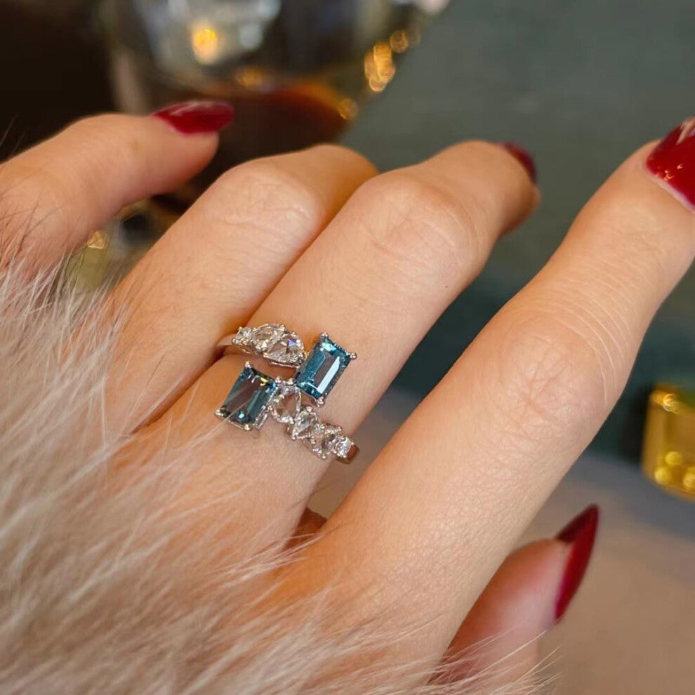 925 Sterling Silver Diamond Engagement Ring 18K Gold Sapphire Criss Cross CZ Multi Row Cocktail Band Size 6