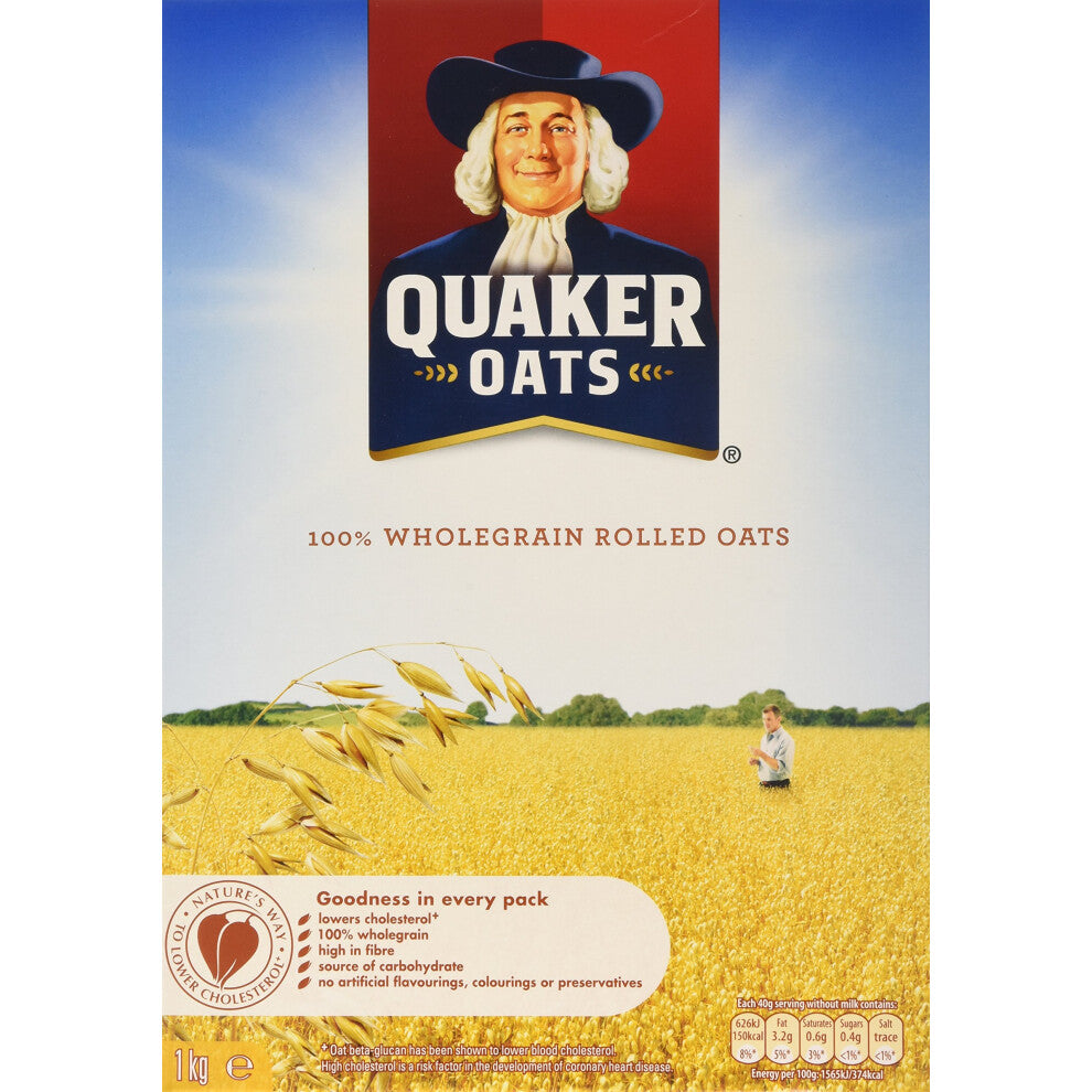 Quaker Oats Wholegrain Rolled Oats, 1 kg, Pack of 12