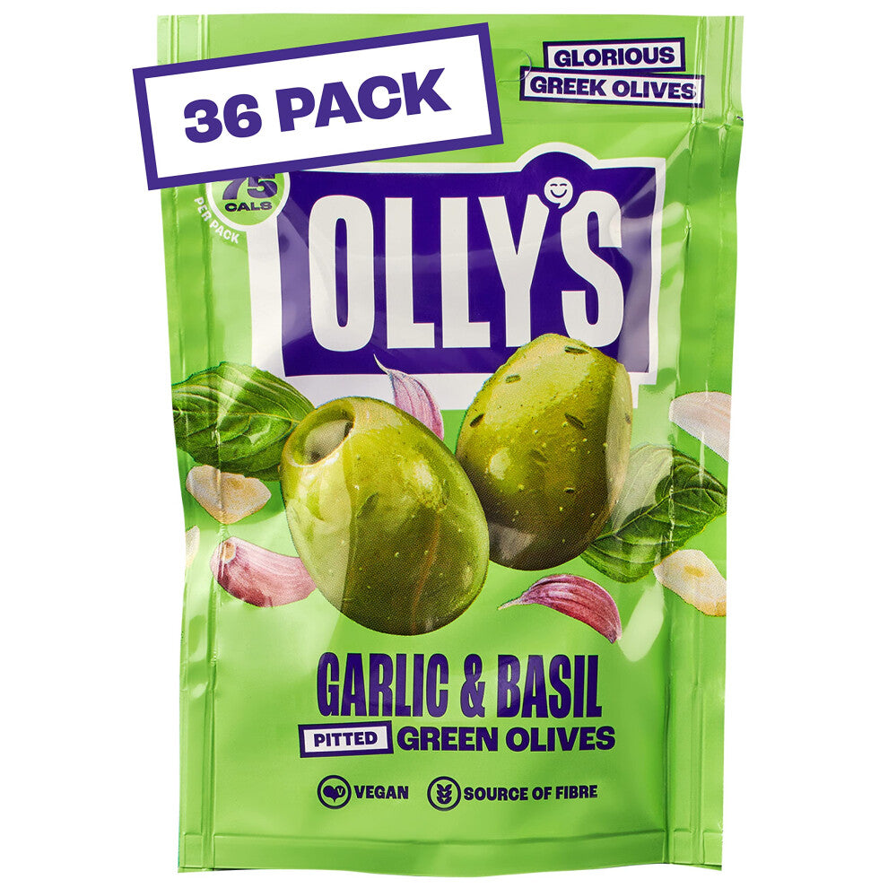 Olly's Olives, Garlic & Basil, 50g (Pack of 36), 100% Natural Ingredients, Handy Snack Pouches, Healthy Vegan Snacks, Low Calorie, Source of Fibre, No