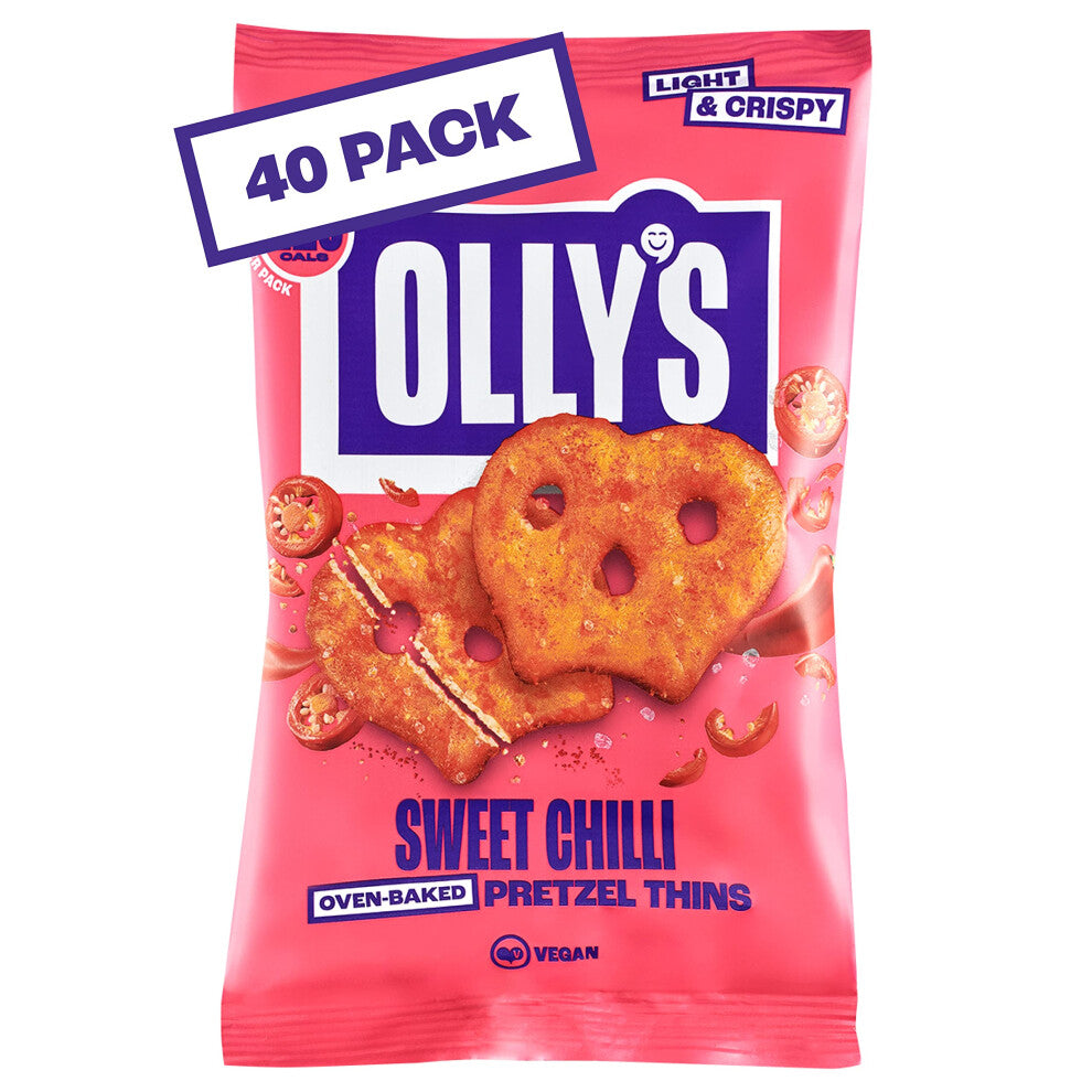 Olly's Pretzel Thins, Sweet Chilli, 35g (Pack of 40), Handy Snack Pouches, Healthy Plant-Based Vegan Snacks for Dipping, Low Calorie Snacks, Low Fat,