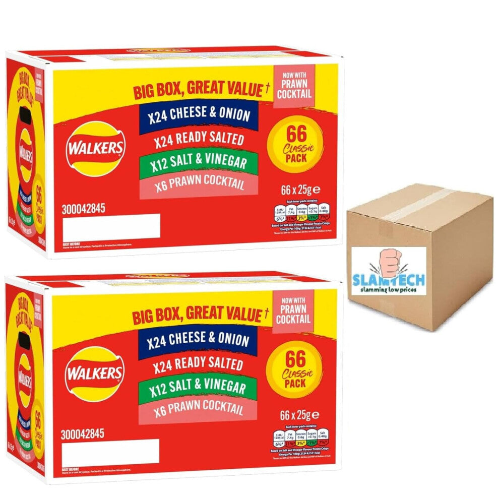 Walkers Classic Variety Box, 132 Crisps Pack, 25g Each, 4 Flavours - Cheese & Onion, Ready Salted, Salt & Vinegar, Prawn Cocktail 4 Different Flavours