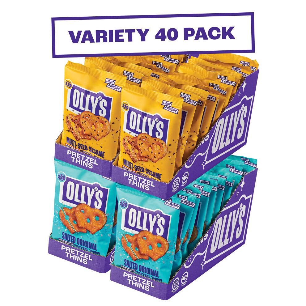 Olly's Pretzel Thins, Variety Pack, 35g (Pack of 40), Handy Snack Pouches, Healthy Plant-Based Vegan Snacks for Dipping, Low Calorie Snacks, Low Fat,