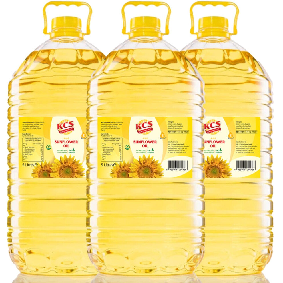 KCS Sunflower Oil, 5L (Pack of 3) | Heart-Healthy Cooking Oil | Source of Vitamin E for Cooking & Frying | Cold-Pressed, Light & Neutral Taste | High