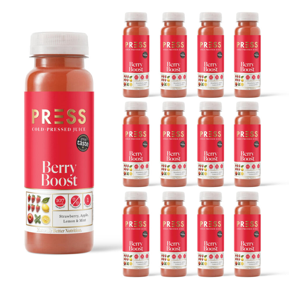 PRESS Healthfoods, 12 x 250ml Berry Boost, Cold Pressed Juice, Juice containing Strawberry, Apple, Lemon and Mint, Refreshing and Light Healthy Drink,