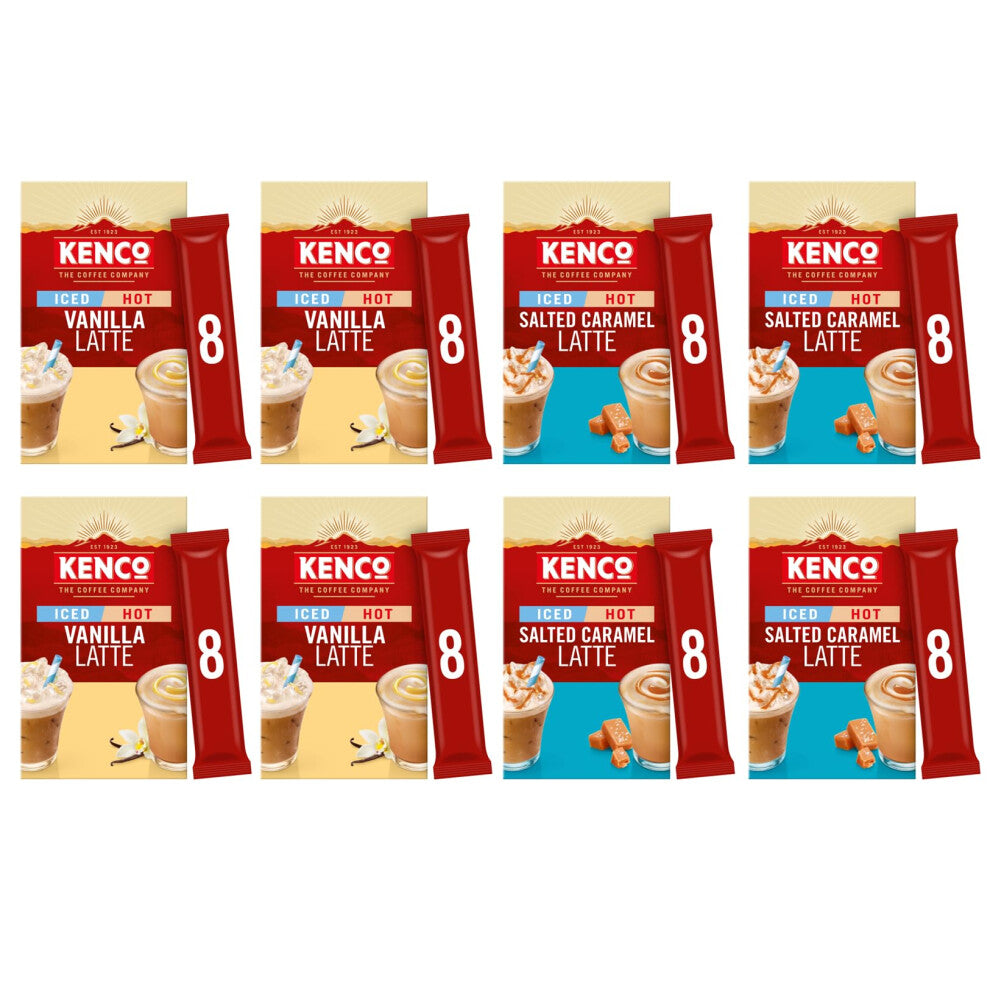 Kenco Iced Hot Latte Instant Coffee Sachets, Vanilla and Salted Caramel Variety Pack, 8 Packs