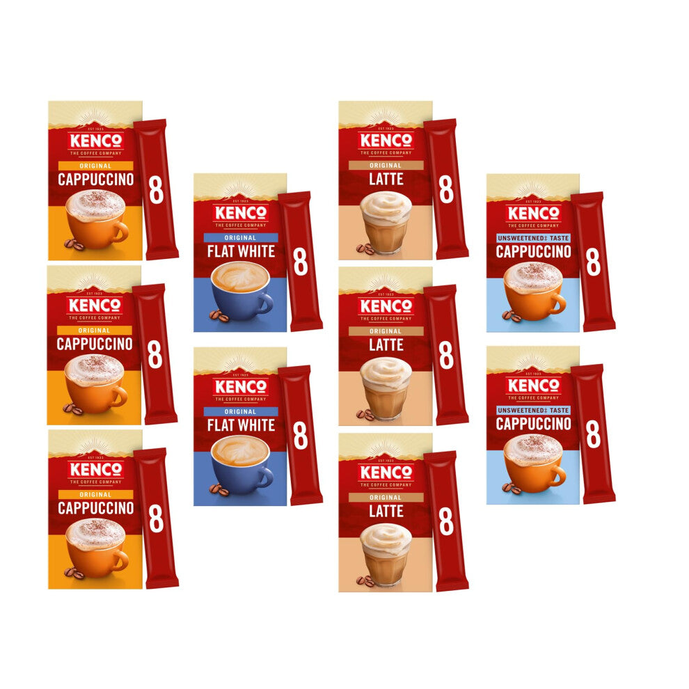 Kenco Instant Coffee Sachets Variety 10 Pack, Cappuccino x3, Latte x3, Unsweetened Cappuccino x2, Flat White Coffee Sachet, Total 10 Packs Kenco