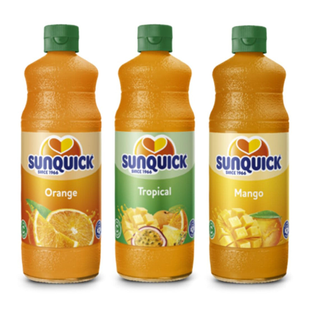 Sunquick Real Fruit Concentrate Juicer | Fruity Refreshment | Mix pack of 3 flavours | Orange, Mango & Tropical flavours | (Pack of 6 (Two bottles
