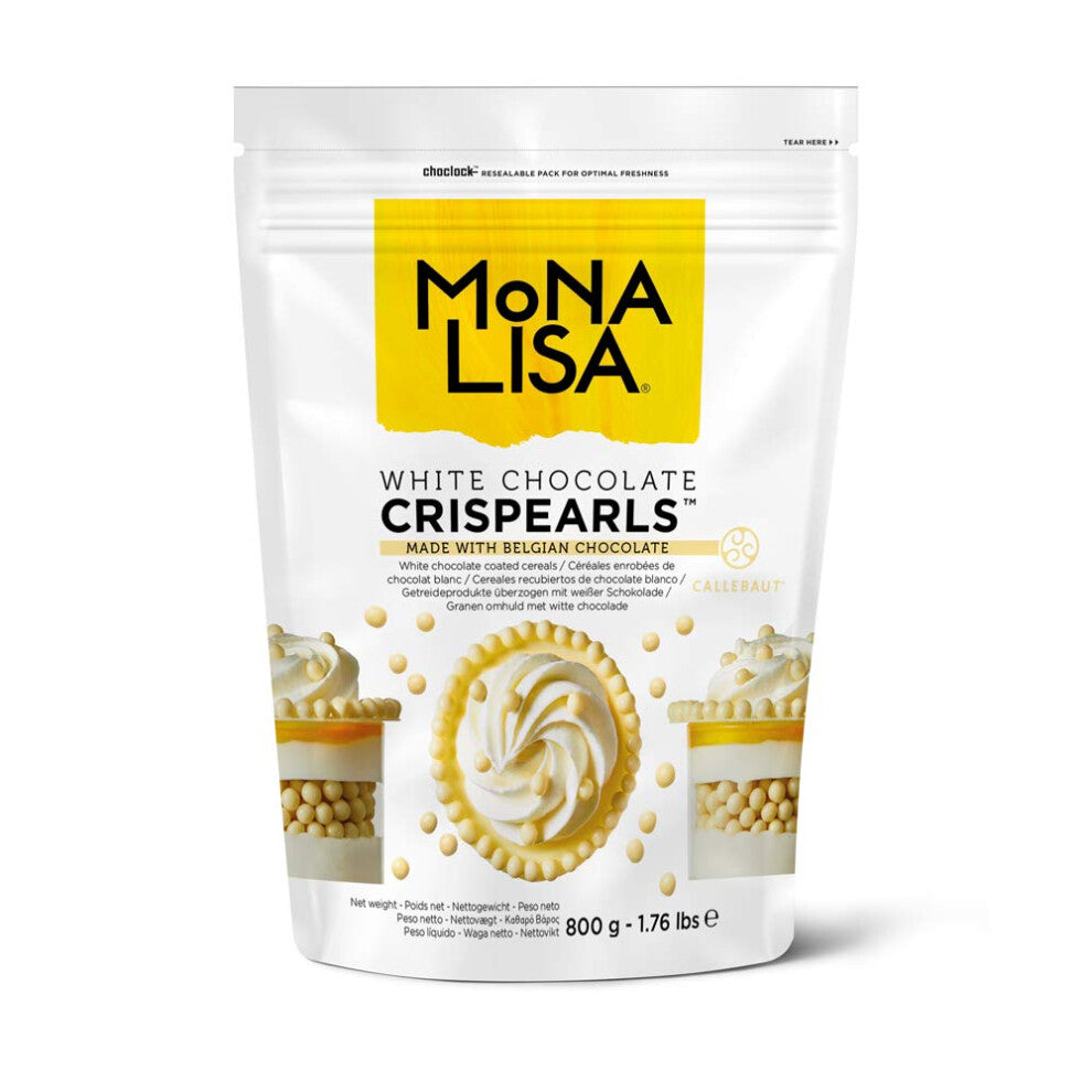 Mona Lisa Crispearls by Callebaut (White Chocolate, 4 x 800g Bags) ? Resealable Velcro 800g Bag - Flavoured Coated Cereal Balls for Decorating Cakes,