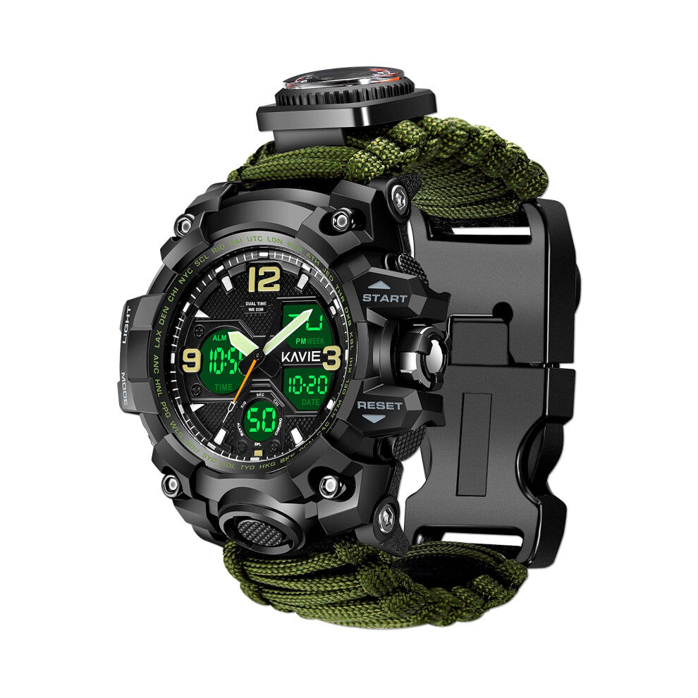 23-in-1 Survival Military Digital Watch, Mens Tactical Multi-Functional and Adjustable Wristband Outdoors Waterproof Sports Dual Dial Watches with