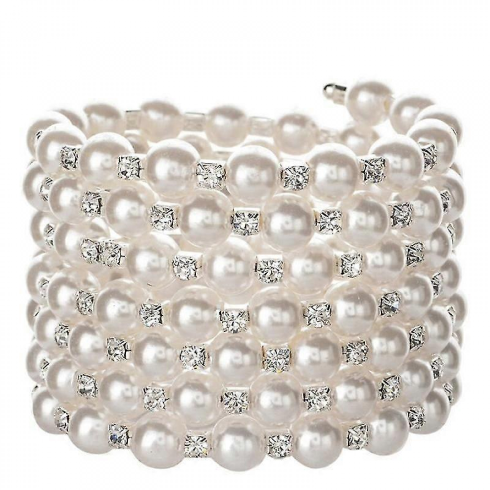 Sparkling Diamonds Pearl Elastic Bracelet-7 Rows Art Deco Bridal Jewelry Silver