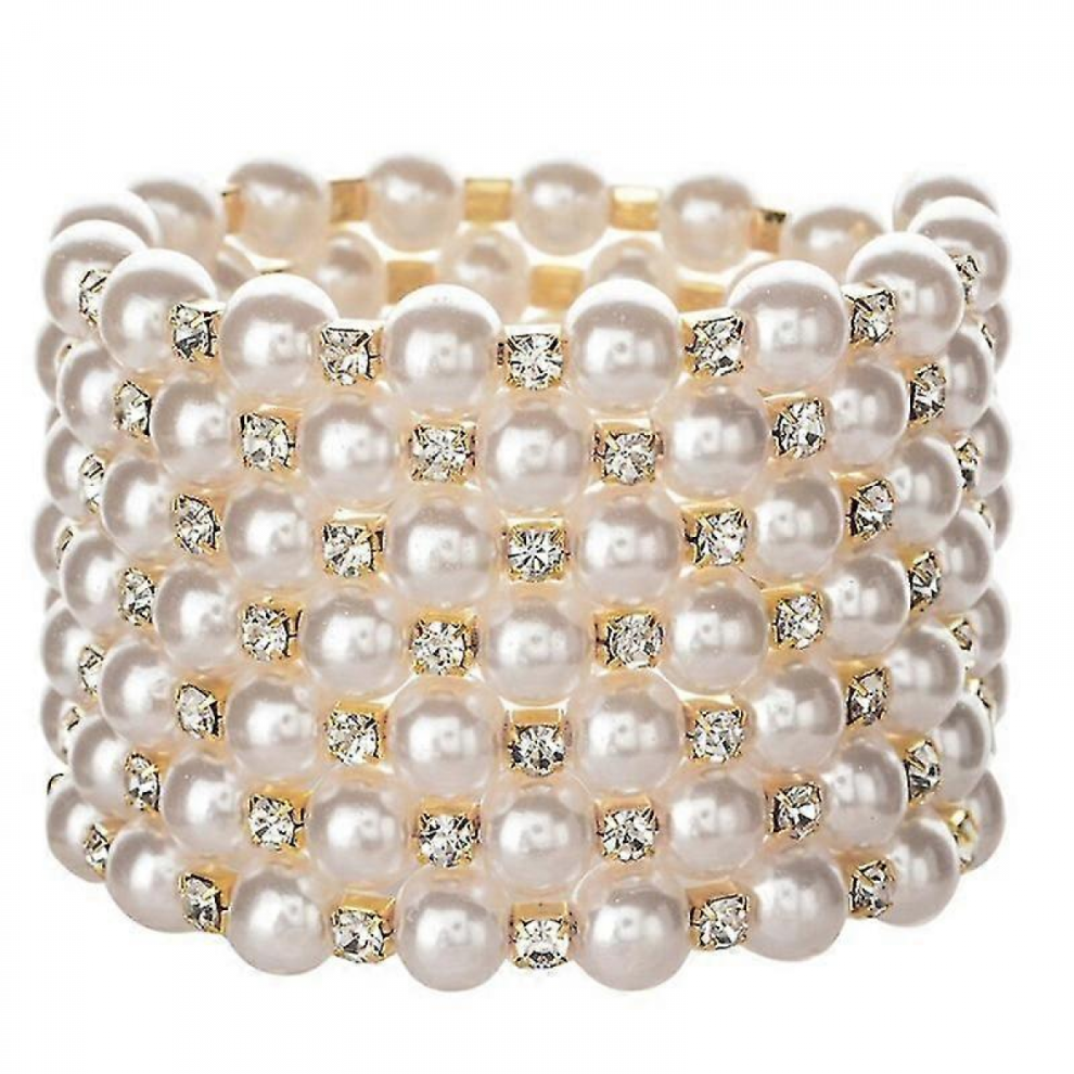 Sparkling Diamonds Pearl Elastic Bracelet-7 Rows Art Deco Bridal JewelryGolden