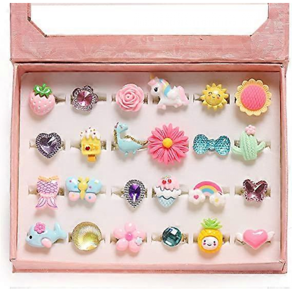 Little Girl Jewelry Rings Set, Adjustable, No Duplication, 24-Piece Pretend Play Dress Up Rings in Box