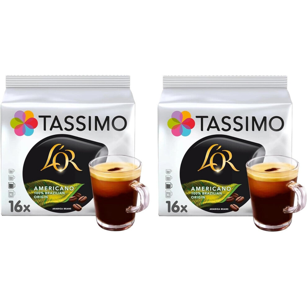 Tassimo L'OR Americano 100% Brazilian Coffee Pods (Pack of 2, Total 32 Capsules)