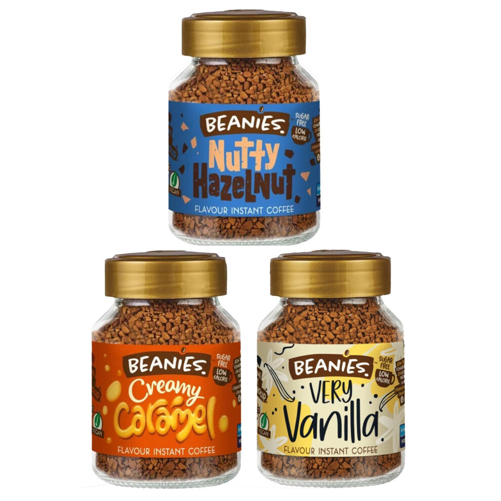 Beanies Flavoured Instant Coffee Variety Pack - 3 x 50g jars - Creamy Caramel, Nutty Hazelnut and Very Vanilla