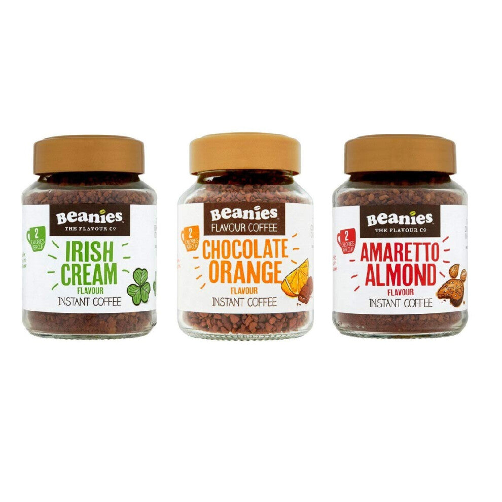 Beanies Flavoured Instant Coffee Jars 3x50g ; Amaretto Almond, Chocolate Orange & Irish Cream