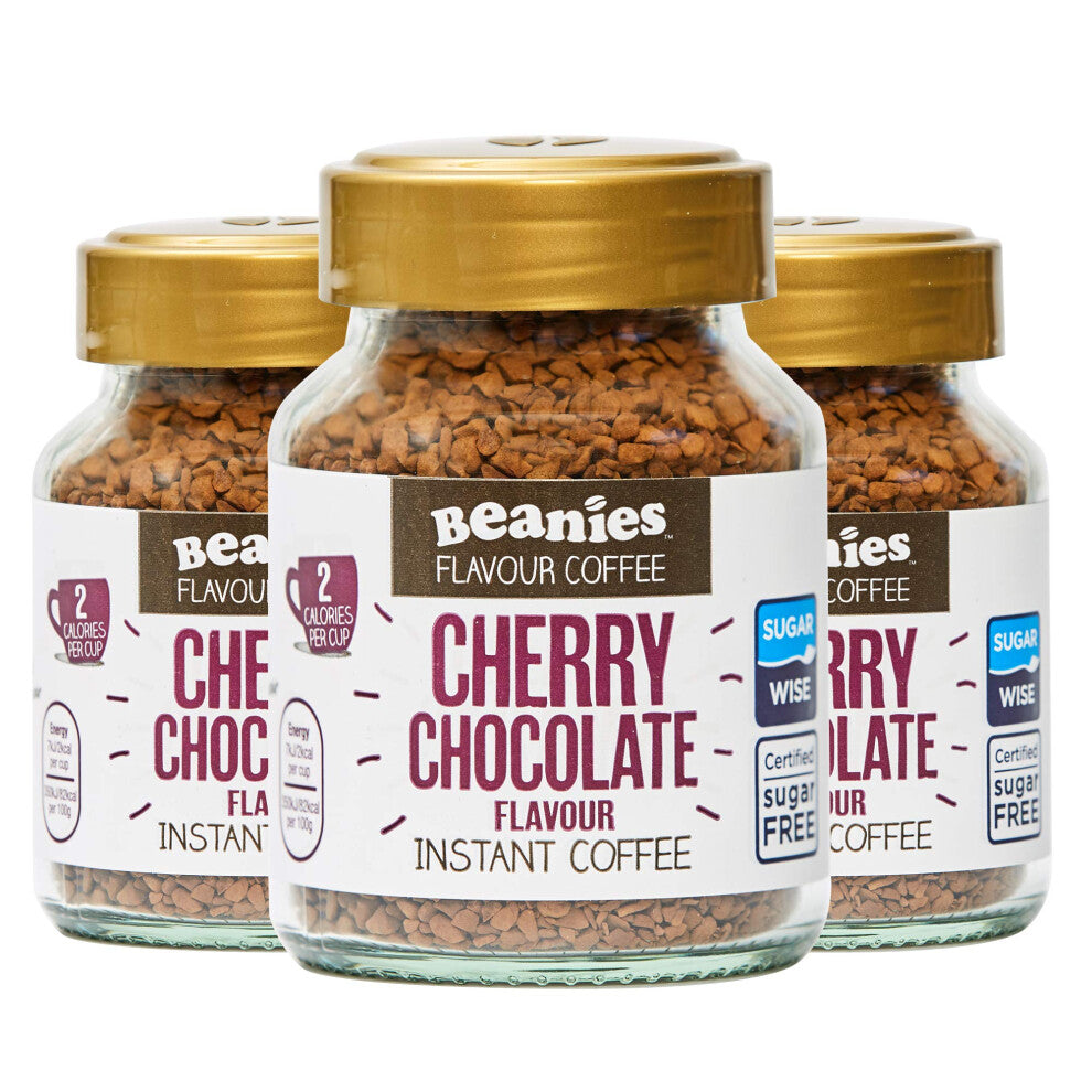 Beanies Cherry Chocolate Flavour Instant Coffee, 2 Calories per Cup, Sugar-Free, 50g Jars - Pack of 3