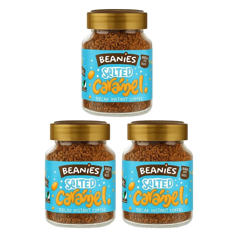 Beanies Decaf Salted Caramel Flavoured Instant Coffee 50g Jars (Pack of 3) Rich & Sweet Decaffeinated Coffee