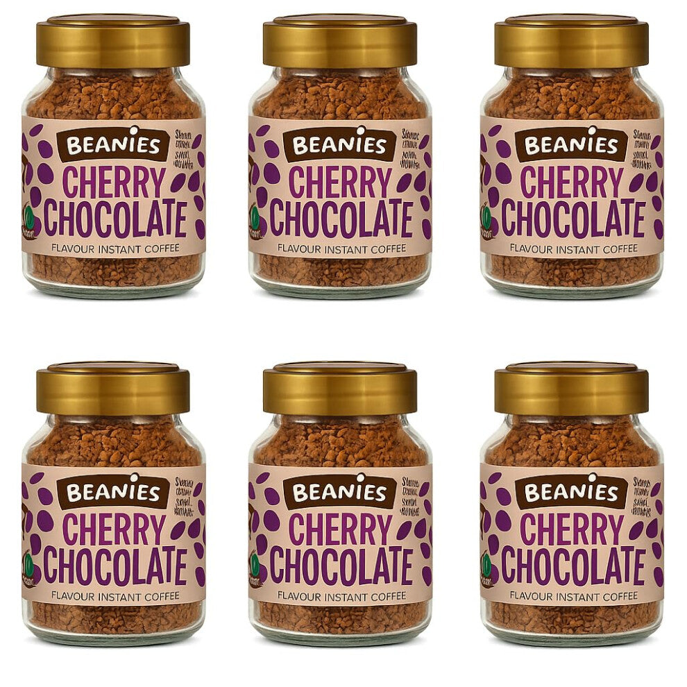 Beanies Cherry Chocolate Flavoured Instant Coffee 50g Jars – Pack of 6 – Sugar Free Low Calorie Vegan Friendly