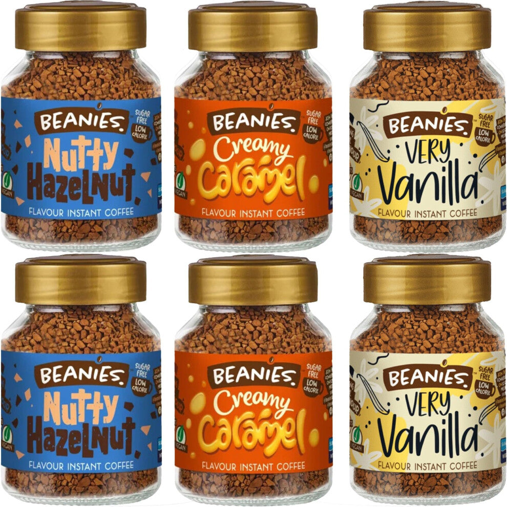 Beanies Flavoured Instant Coffee Variety Pack - 6 x 50g jars - Creamy Caramel, Nutty Hazelnut and Very Vanilla