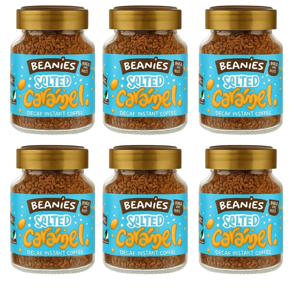 Beanies Decaf Salted Caramel Flavoured Instant Coffee 50g Jars (Pack of 6) Rich & Sweet Decaffeinated Coffee